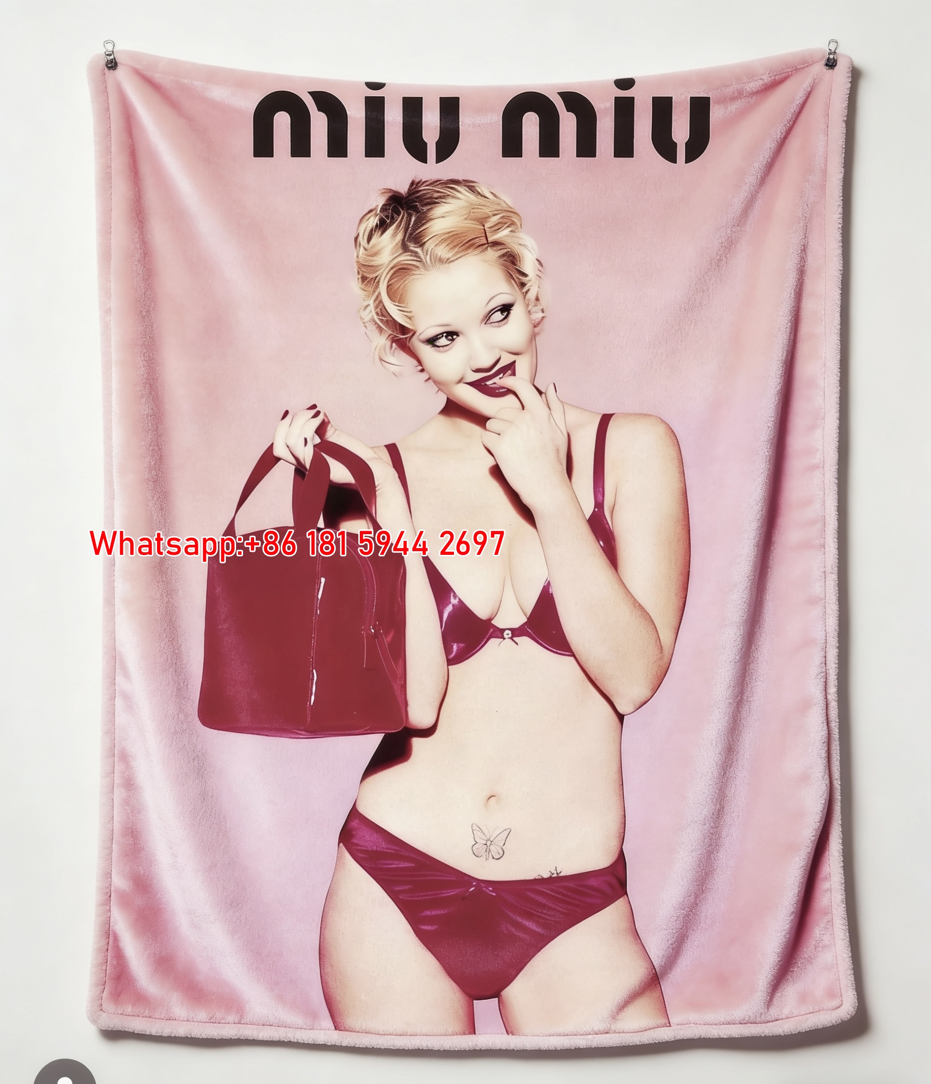 Miu Miu Pink & Burgundy Vintage 90s Lingerie & Handbag Printed Flannel Sofa Throw Blanket IMG_0460